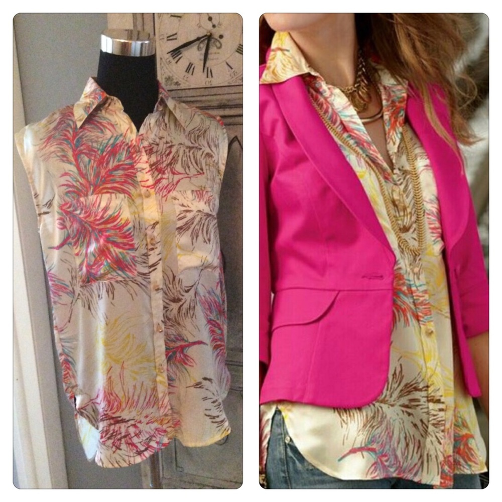 Sleeveless Floral Print Satin Blouse - Pink, Yellow & Cream